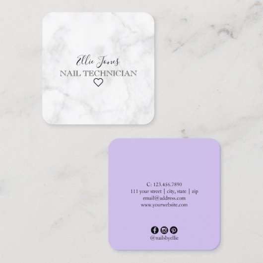 Moderner weißer Marmor und lila Nägel Quadratische Visitenkarte (Vorne/Hinten)