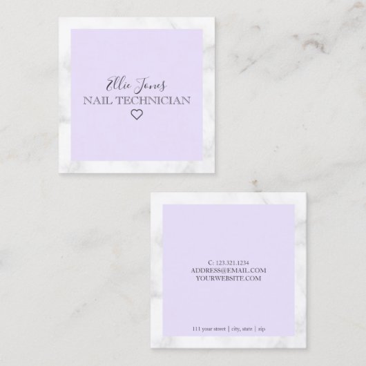 Moderner, weißer Marmor und lila Nageltechniker Quadratische Visitenkarte (Vorne/Hinten)