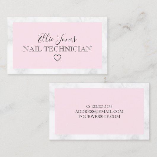 Moderner, weißer Marmor und rosa Nageltechniker Visitenkarte (Vorne/Hinten)