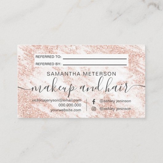 Moderner weißer Marmorhaarmake-upRosen-GoldGlitter Empfehlungskarte (Rückseite)