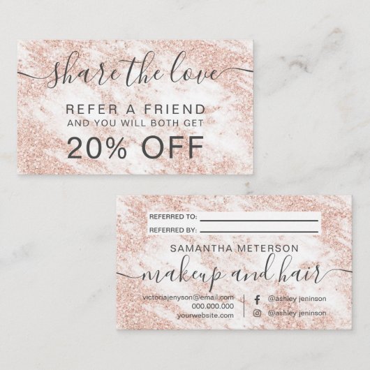 Moderner weißer Marmorhaarmake-upRosen-GoldGlitter Empfehlungskarte (Vorne/Hinten)