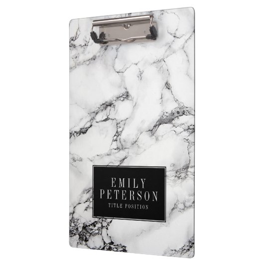 Moderner weißer Marmorstein mit schwarzem Hintergr Klemmbrett (Links)