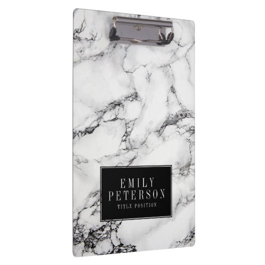 Moderner weißer Marmorstein mit schwarzem Hintergr Klemmbrett (Rechts)
