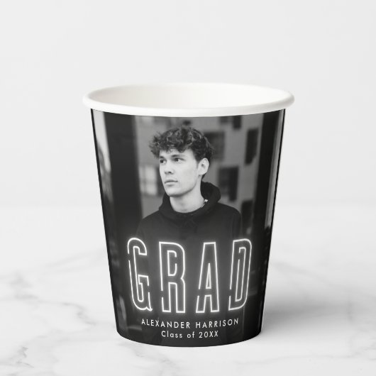 Moderner Weißer Neon Abschluss Pappbecher (Rückseite)