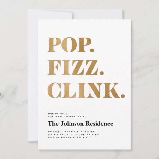 Moderner Weißer Pop Fizz Clink Neujahr Einladung (Vorderseite)