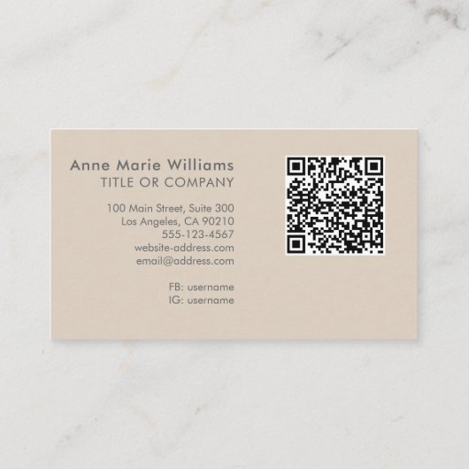 Moderner Weißer Tan-Script-Monogramm-QR-Code Visitenkarte (Rückseite)