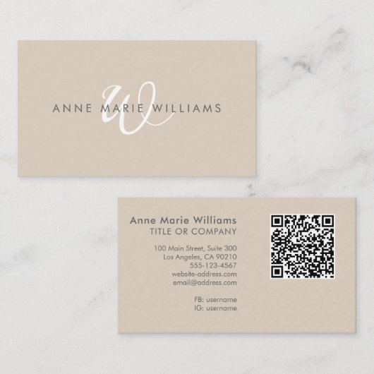 Moderner Weißer Tan-Script-Monogramm-QR-Code Visitenkarte (Vorne/Hinten)