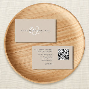 Moderner Weißer Tan-Script-Monogramm-QR-Code Visitenkarte