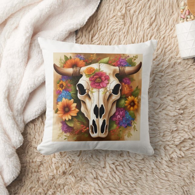 Moderner Western Kuhschädel mit Blume Kissen (Decke)