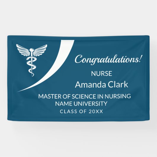 Moderner White & Blue Caduceus Nursing Abschluss Banner (Horizontal)