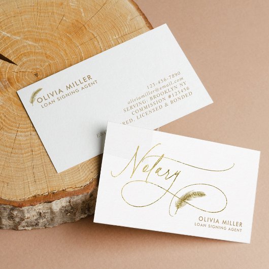 Moderner White Gold Feather Script Notary Agent Visitenkarte