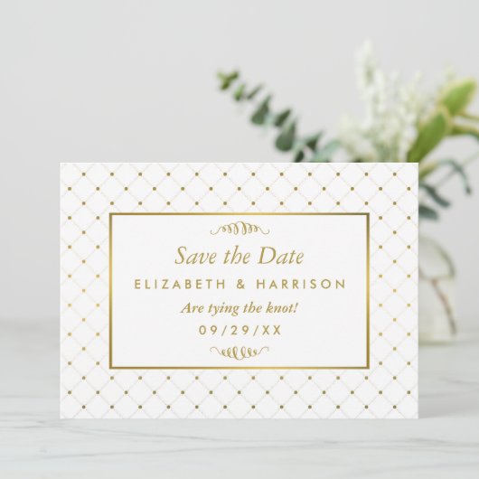 Moderner White & Gold Foil Effekt Save the Date (Stehend Vorderseite)