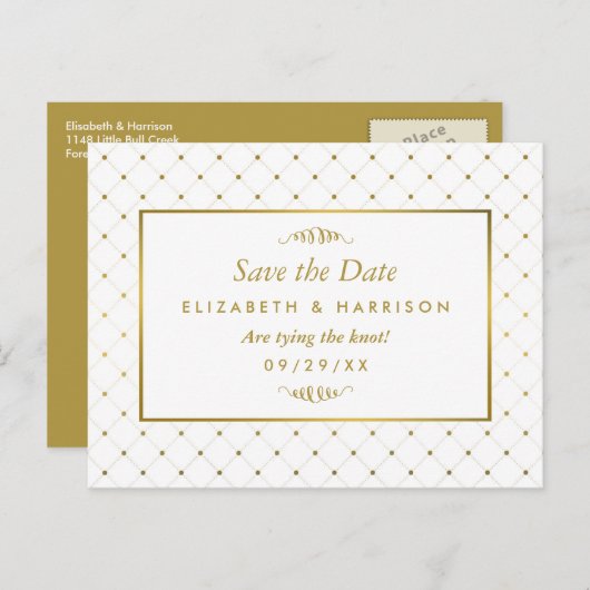 Moderner White & Gold Foil Effekt Save the Date Ankündigungspostkarte (Vorne/Hinten)