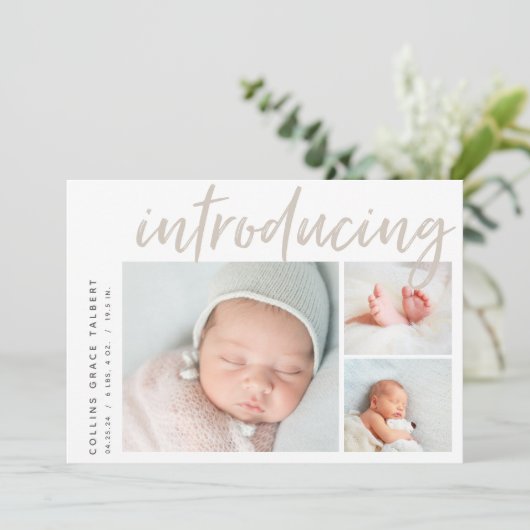 Moderner Winkel | Three Foto Collage Birth Ankündigung (Stehend Vorderseite)