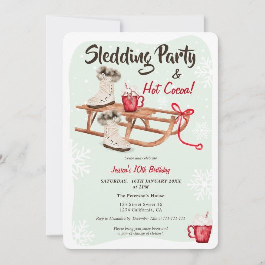 Moderner Winterschneeschlitten - heißer Kakaogebur Einladung (Vorderseite)
