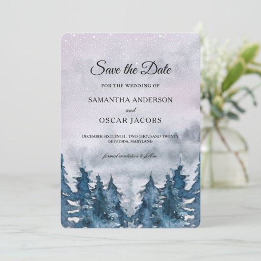 Moderner Winterwald Blau Rette die Daten Save The Date (Stehend Vorderseite)