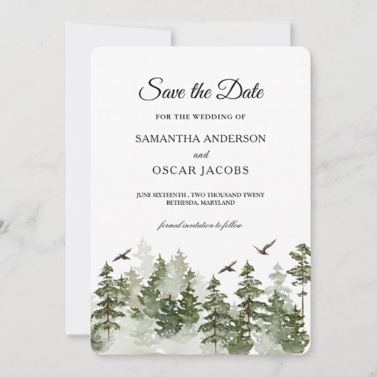 Moderner Winterwald mit Schnee Save The Date (Vorderseite)
