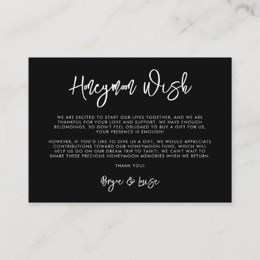Moderner Wunsch der schwarzen Honeymoon Begleitkarte (Vorderseite)