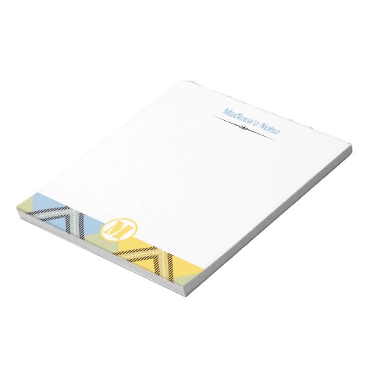 Moderner Yellow Blue Tartan Monogram Script Name Notizblock (Rotiert)