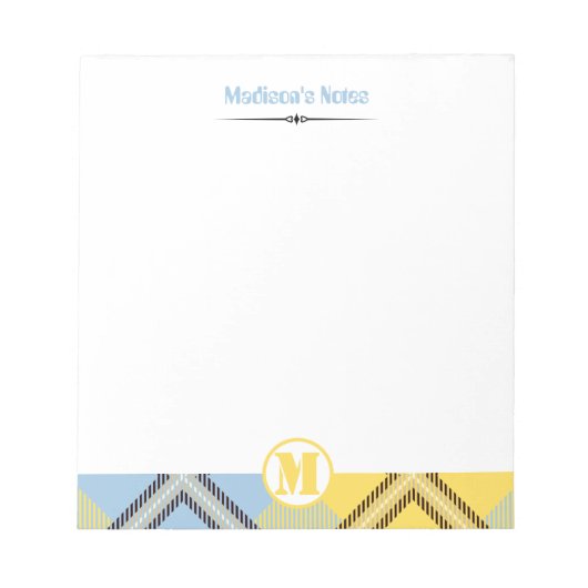 Moderner Yellow Blue Tartan Monogram Script Name Notizblock (Vorderseite)