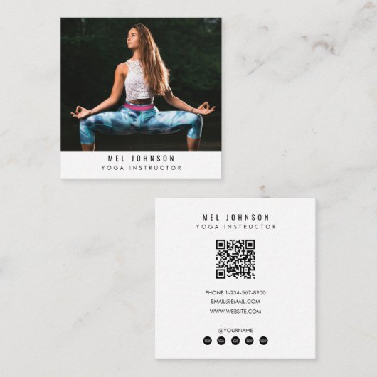 Moderner Yoga Fitness Instructor QR Code Quadratische Visitenkarte (Vorne/Hinten)