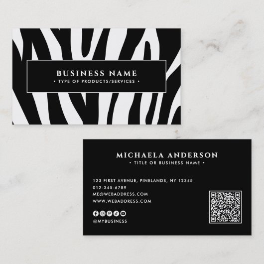 Moderner Zebra Print Black & White QR Code & Socia Visitenkarte (Vorne/Hinten)