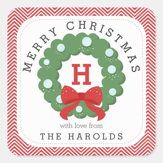 Moderner Zickzack froher Weihnachtskranz Mit Monog Quadratischer Aufkleber (Vorderseite)