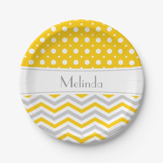 Moderner Zickzack, grauer, weißer und polkischer P Pappteller (Vorderseite)