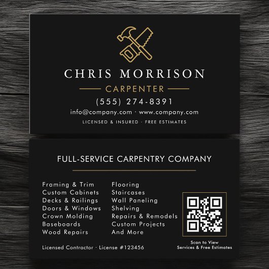 Moderner Zimmermann Black Gold QR-Code Visitenkarte