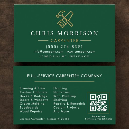 Moderner Zimmermann Green Gold QR Code Visitenkarte