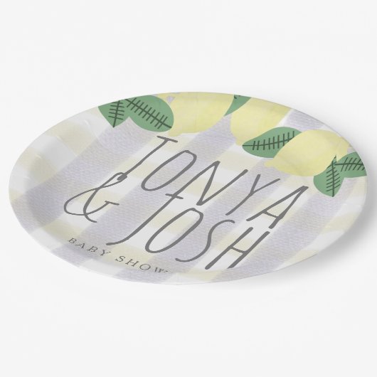 Moderner Zitronenbrecher Gelb Grau Pappteller (Schrägansicht)