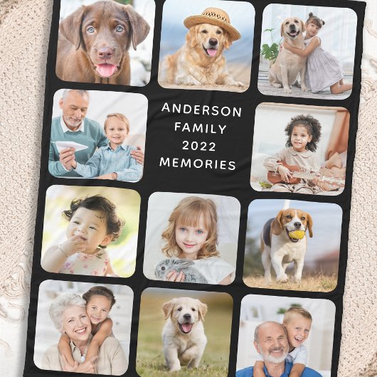 Modernes 11-Foto Collage Personalisiert Black Fleecedecke
