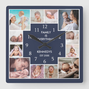 Modernes 12-Foto Collage Family Quote Blau Quadratische Wanduhr