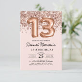 Modernes 13. Geburtstag Rose Gold Balloons Party Einladung (Stehend Vorderseite)