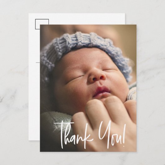 Modernes 1 Baby Foto Danke, Script Ankündigungspostkarte (Vorne/Hinten)