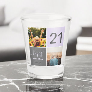 Modernes 21. Geburtstag lila 2 Foto Collage Grid Schnapsglas