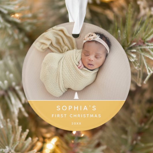 Modernes 2-Foto Baby's First Christmas Acrylic Ornament (Baum)