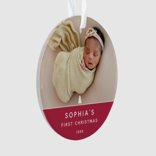 Modernes 2-Foto Baby's First Christmas Acrylic Ornament (Vorderseite)