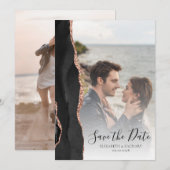 Modernes 2-Foto Black Rose Gold Agate Save the Dat Date (Vorne/Hinten)