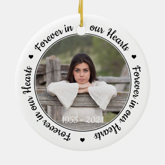 Modernes 2-Foto-Gedenkmal für immer in unseren Her Keramik Ornament (Hinten)