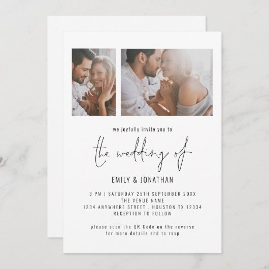 Modernes 2-Foto-Script QR-Code Hochzeit Einladung (Vorne/Hinten)