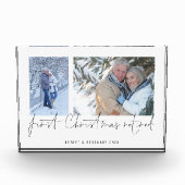 Modernes 2-Foto-Skriptname Erstes Weihnachtsfest Fotoblock (Vorderseite)