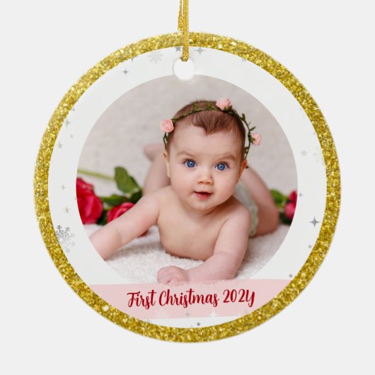 Modernes 2 Fotos Baby Girl 1. Weihnachtsmutter Keramik Ornament (Hinten)