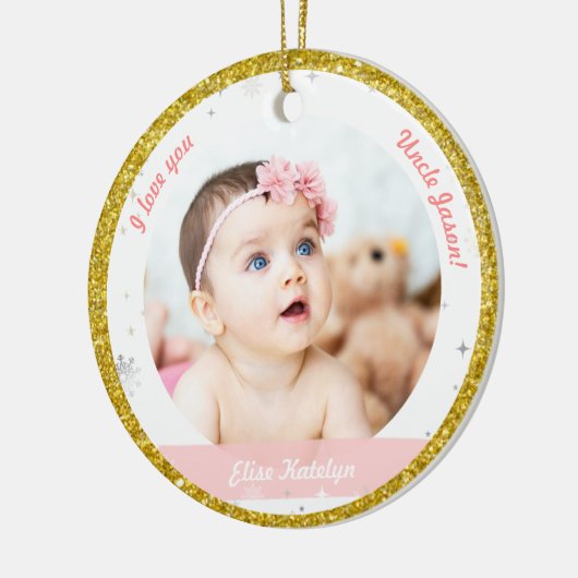 Modernes 2 Fotos Baby Girl First Christmas Onkel Keramik Ornament (Links)