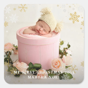 Modernes 2-seitiges, erstes Weihnachtsschneeflocke Quadratischer Aufkleber