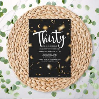 Modernes 30. Geburtstag Schwarz-weiß | Gold Birthd Einladung