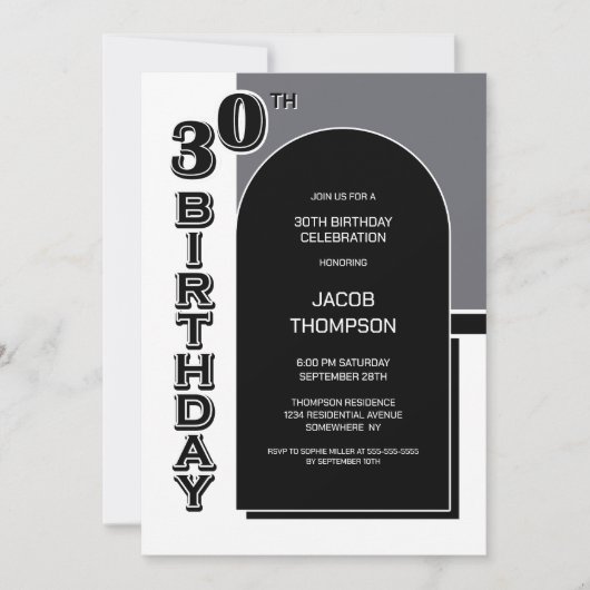 Modernes 30. Geburtstag Schwarzes Party Einladung (Vorderseite)