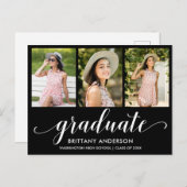 Modernes 3-Foto-Abschluss-Ankündigungsskript Postkarte (Vorne/Hinten)