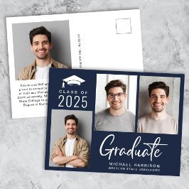 Modernes 3 Foto Bold Script Blue Abschluss Ankündigungspostkarte