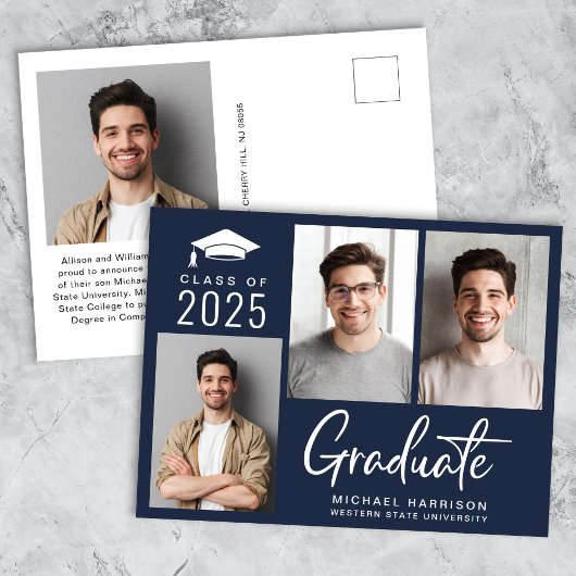 Modernes 3 Foto Bold Script Blue Abschluss Ankündigungspostkarte